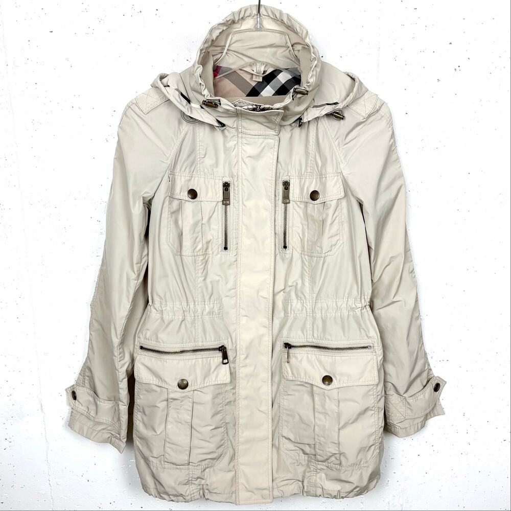 Burberry Brit Packable Field Jacket Windbreaker Detachable Hood Beige Tan Size 6